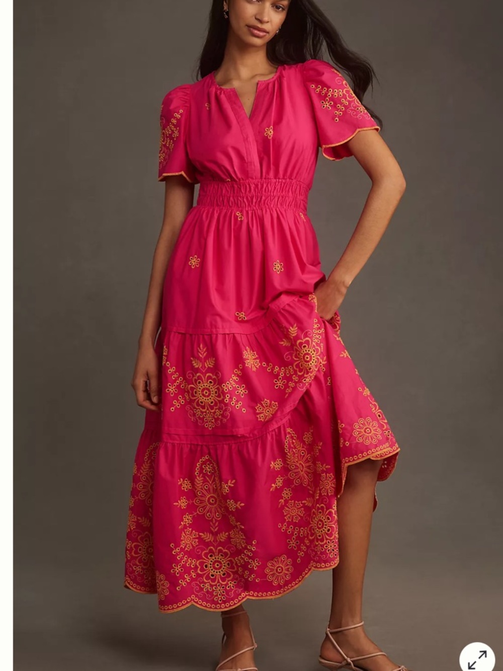 Anthropologie Somerset Eyelet Edition Hot Pink Dress with Gold Trim Maxi Dress - Picture 1 of 7